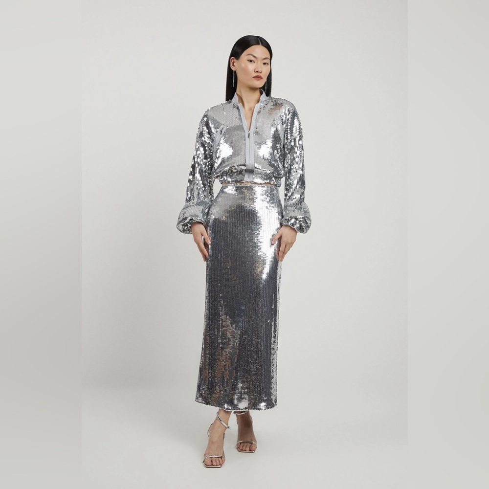 New Karen Millen Sequin Front Split Woven Midi Skirt Silver